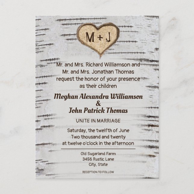Rustic Country Birch Tree Heart Wedding Invitation Postcard (Front)