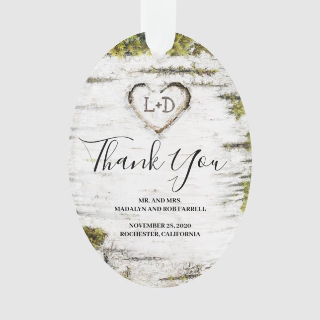 Rustic Country Birch Tree Heart Wedding Thank You Ornament (Front)
