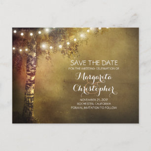rustic country birch tree & lights save the date announcement postcard