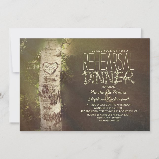 Rustic country birch tree rehearsal dinner invitation (Front)