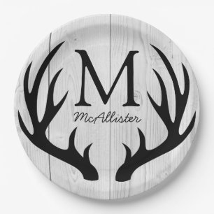 Rustic Country Black Deer Antlers White Barn Wood Paper Plate