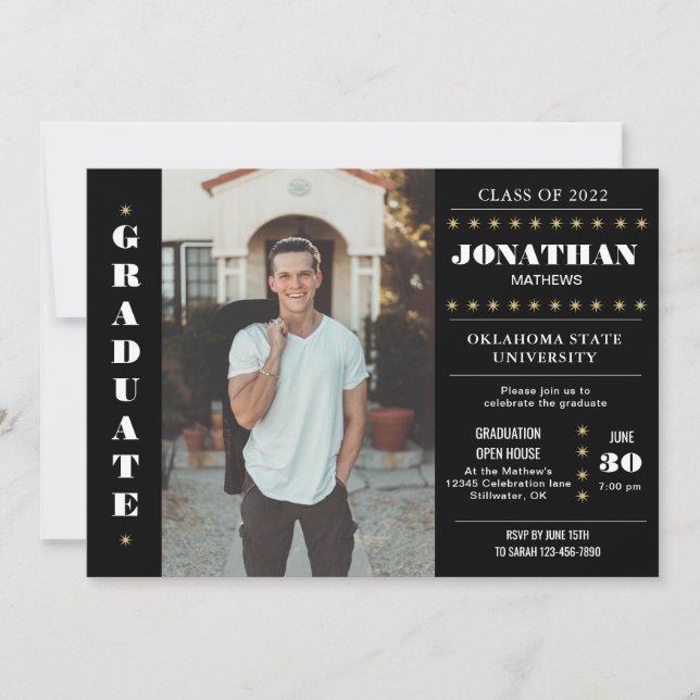 Rustic Country Black Gold Photo Graduation Invitation (Front)