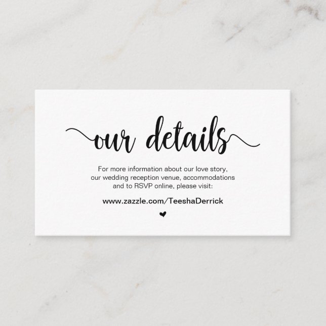 Rustic Country, Black Script, Our Wedding Details Enclosure Card (Front)