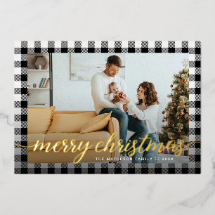 Rustic Country black white plaid photo Christmas Foil Holiday Card