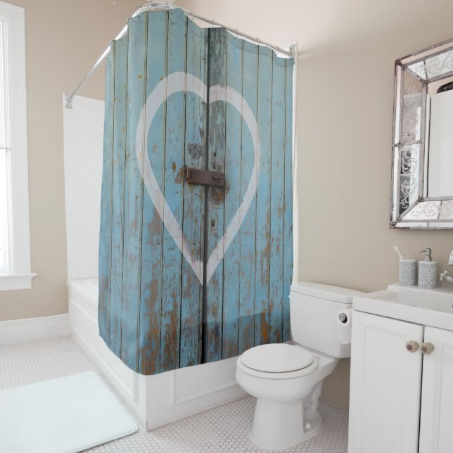 Rustic Country Blue Barn Door Heart Shower Curtain (In Situ)