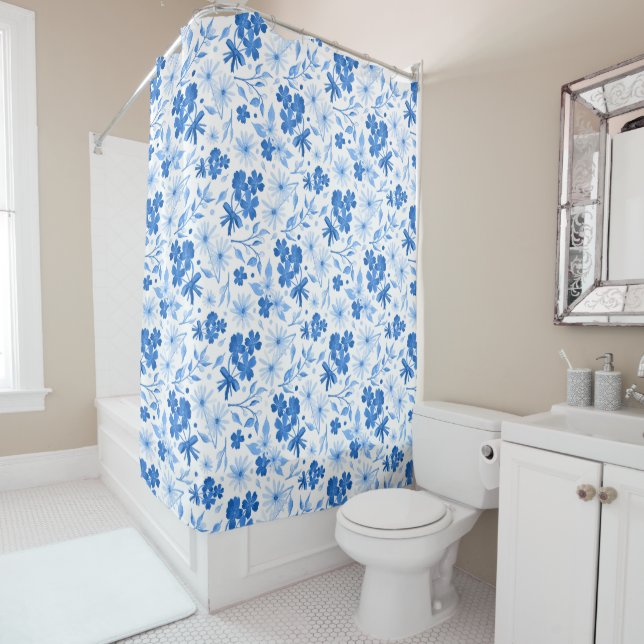 Rustic Country Blue Floral Botanical Shower Curtain (In Situ)