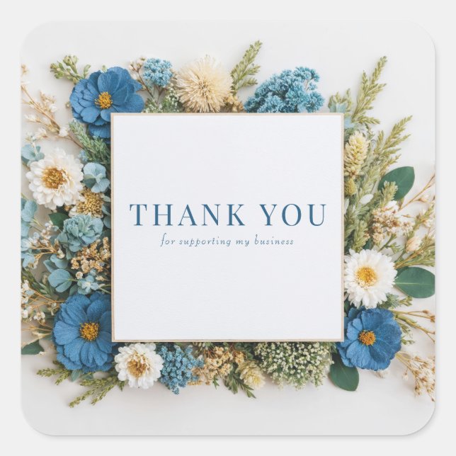 Rustic Country Blue Floral Thank You Square Sticker (Front)