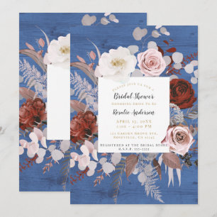 Rustic Country Blue Wood Floral Bloom Bridal Showe Invitation