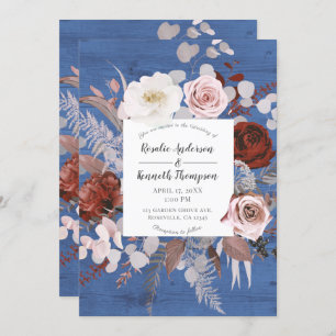 Rustic Country Blue Wood Floral Bloom Wedding Invitation
