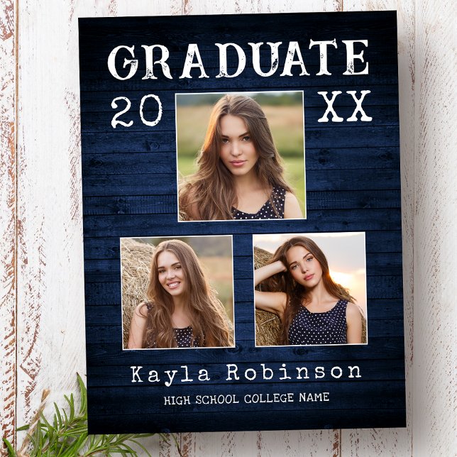 Rustic Country Blue Wood Print 3 Photo Graduation Postcard (Creator Uploaded)