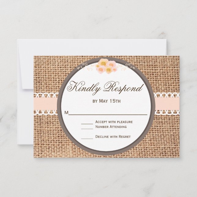 Rustic Country Blush Burlap Wedding RSVP Cards (Front)