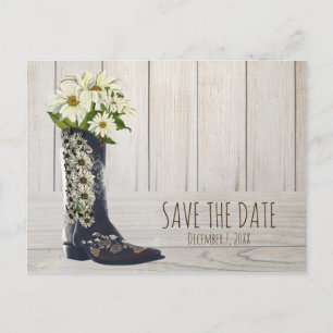 Rustic Country Boot with Daisies Save The Date Announcement Postcard