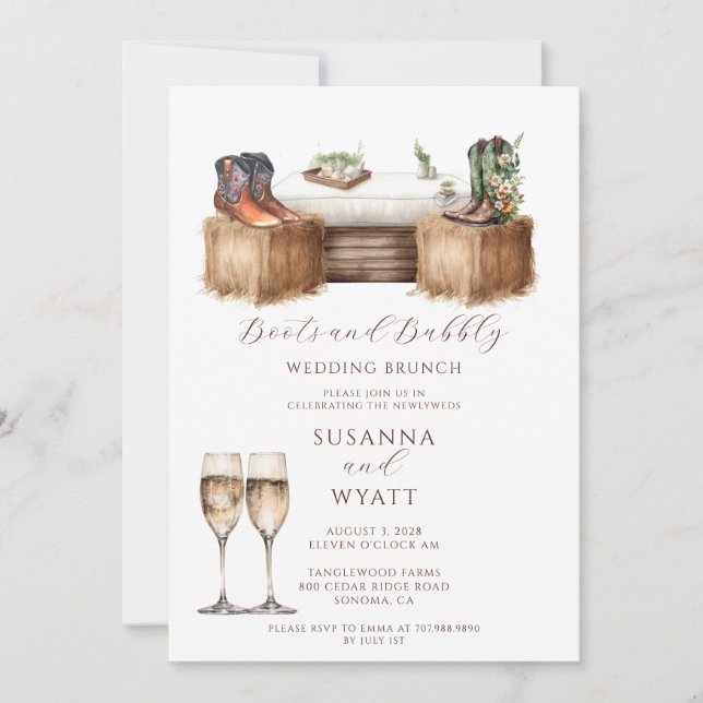 Rustic Country Boots And Bubbly Wedding Brunch Invitation (Front)