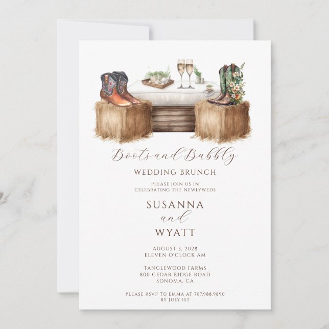 Rustic Country Boots And Bubbly Wedding Brunch Invitation (Front)