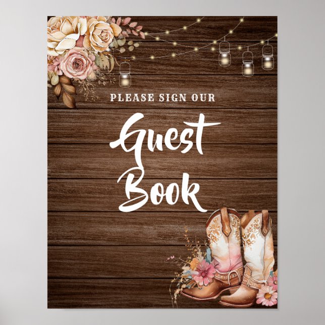 Rustic Country Boots Cowgirl Birthday Guest Book (Front)