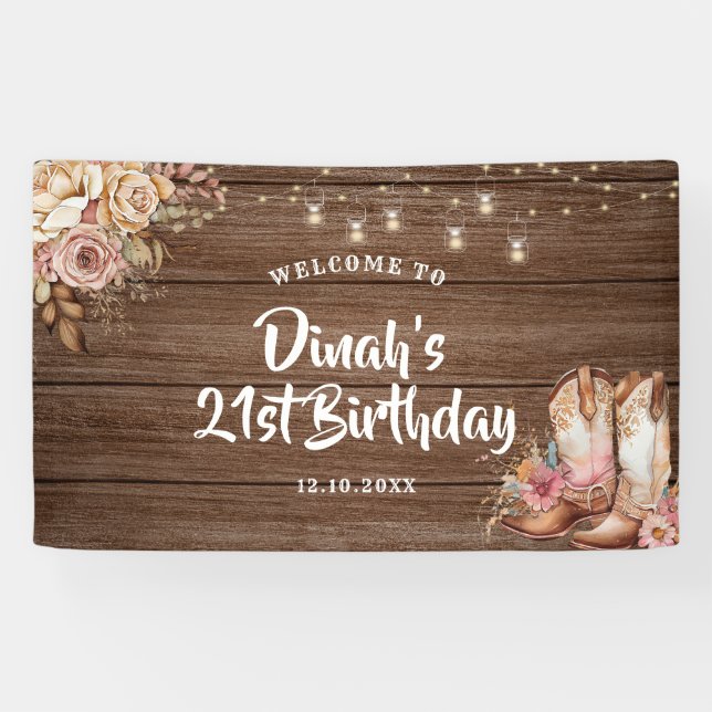 Rustic Country Boots Cowgirl Birthday Large Banner (Horizontal)
