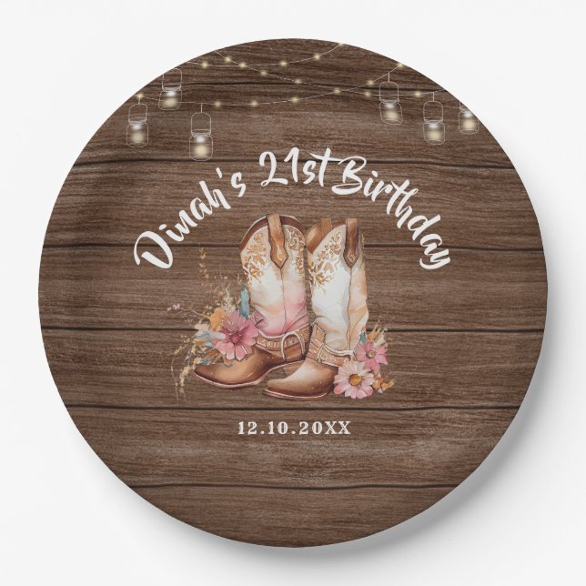 Rustic Country Boots Cowgirl Birthday Paper Plate (Front)