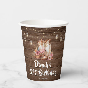 Rustic Country Boots Cowgirl Floral Birthday Paper Cups