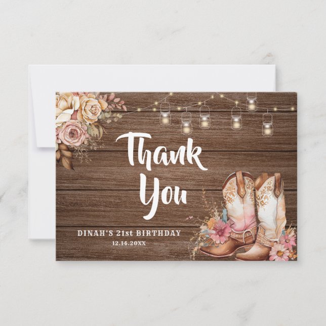 Rustic Country Boots Cowgirl Floral Birthday Thank You Card (Front)