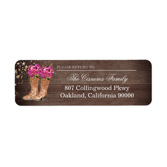 Rustic Country Boots Hot Pink Roses Address Label (Front)