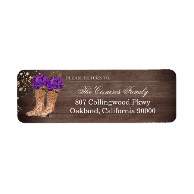 Rustic Country Boots Purple Roses Return Address (Front)