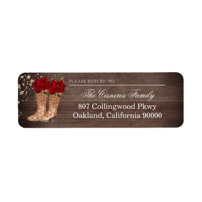 Rustic Country Boots Red Roses Return Address Labe (Front)