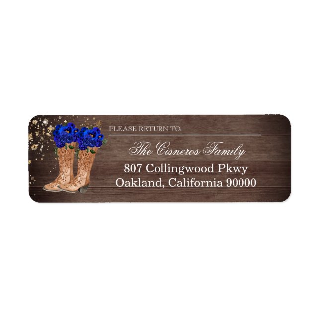 Rustic Country Boots Royal Blue Roses Address (Front)