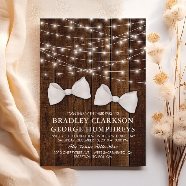 Rustic Country Bow Tie Gay Groom Wedding Invitation (Creator Uploaded)