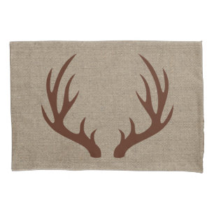 Rustic Country Brown Deer Antlers Faux Burlap Pillowcase