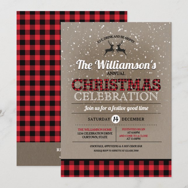 Rustic Country Buffalo Check Christmas Party Invitation (Front/Back)
