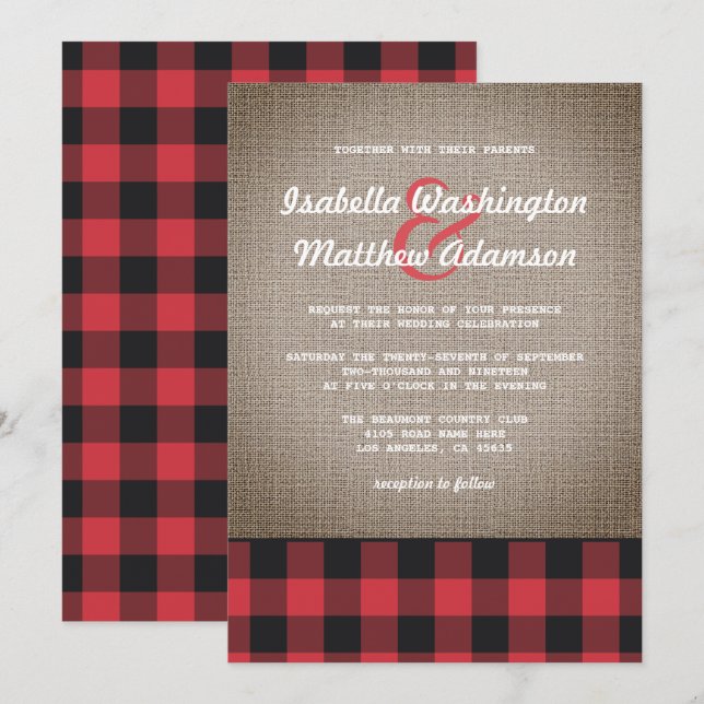 Rustic Country Buffalo Plaid & Burlap Wedding Invitation (Front/Back)