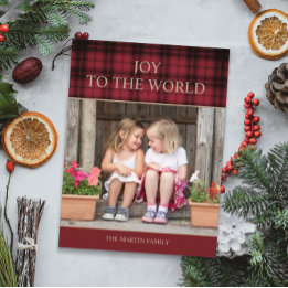 Rustic Country Buffalo Plaid Christmas Photo Joy Postcard