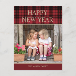 Rustic Country Buffalo Plaid Happy New Year Photo Postcard