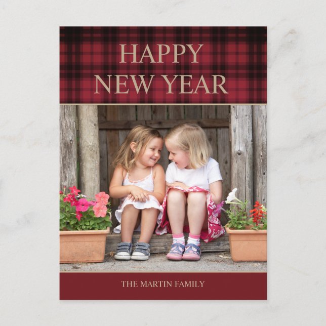 Rustic Country Buffalo Plaid Happy New Year Photo  Postcard (Front)