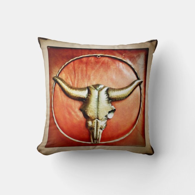 Rustic Country Bull Horns Faux Leather Design Cushion (Front)