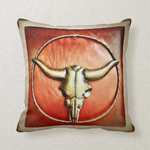 Rustic Country Bull Horns Faux Leather Design Cushion