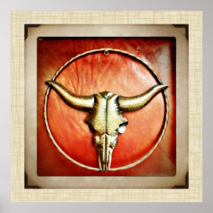 Rustic Country Bull Horns Faux Leather Design Poster