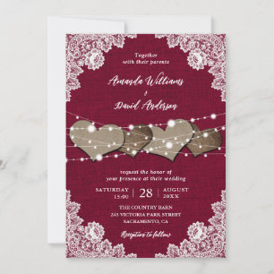 Rustic Country Burgundy Burlap and Lace Wedding Invitation