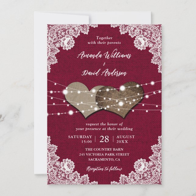 Rustic Country Burgundy Burlap and Lace Wedding Invitation (Front)