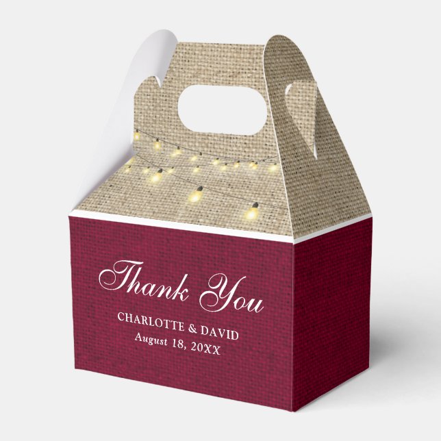 Rustic Country Burgundy Burlap Wedding Thank You Favour Box (Front Side)