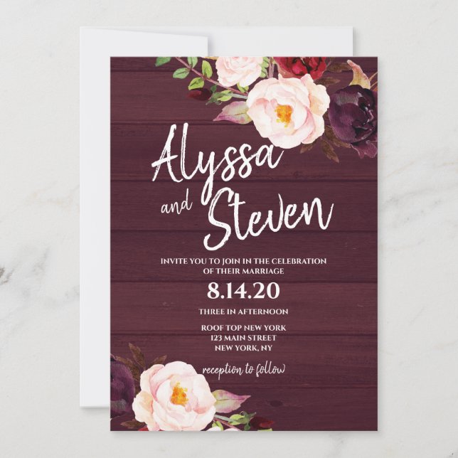 Rustic Country Burgundy Floral Wedding Invitation (Front)