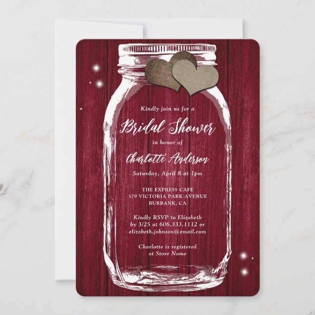 Rustic Country Burgundy Mason Jar Bridal Shower Invitation (Front)