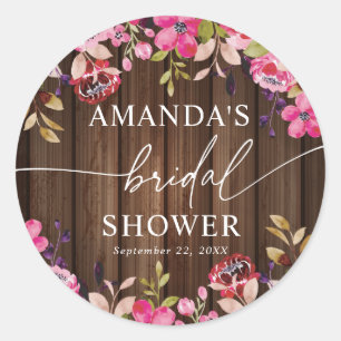 Rustic Country Burgundy Pink Flowers Bridal Shower Classic Round Sticker
