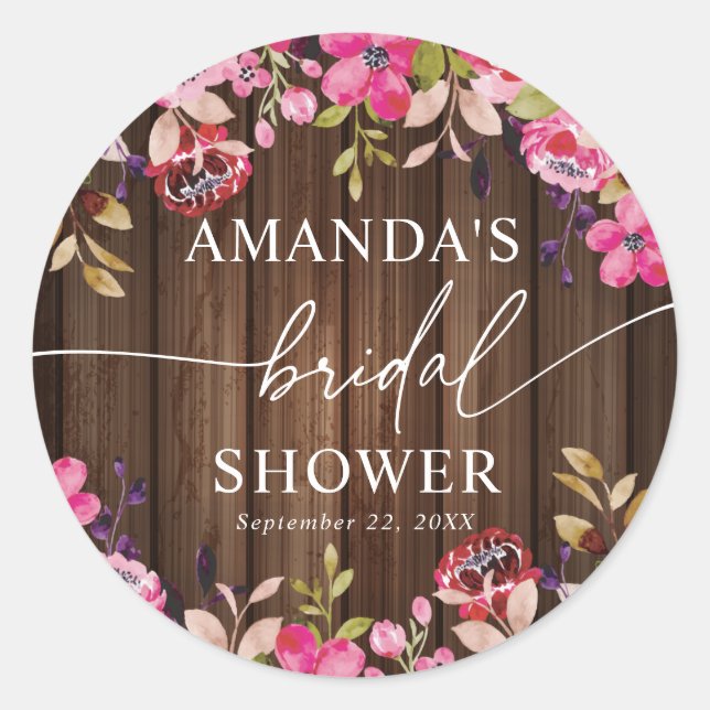 Rustic Country Burgundy Pink Flowers Bridal Shower Classic Round Sticker (Front)