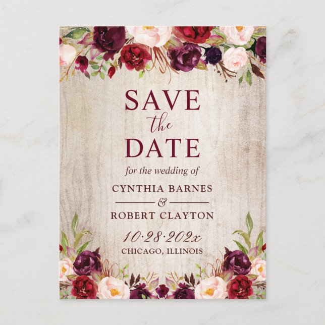 Rustic Country Burgundy Red Floral Save the Date Postcard (Front)
