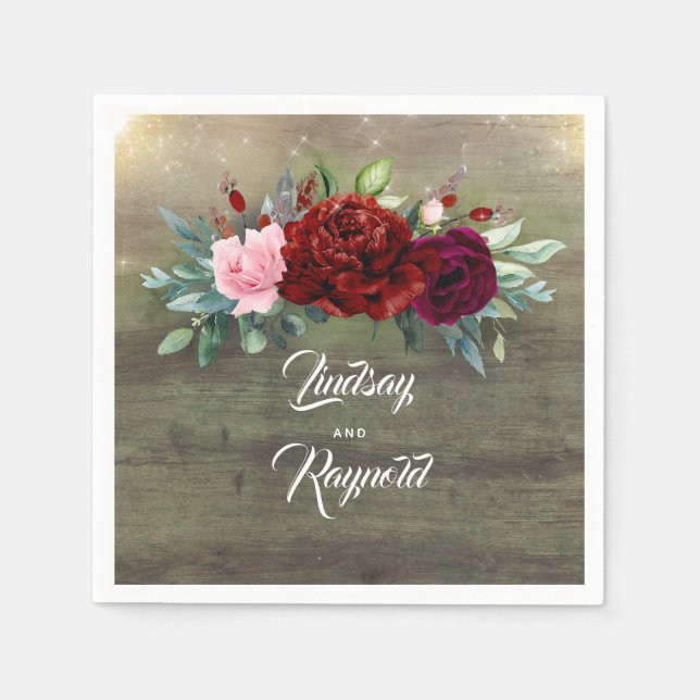 Rustic Country Burgundy Red Floral Wedding Napkin (Front)