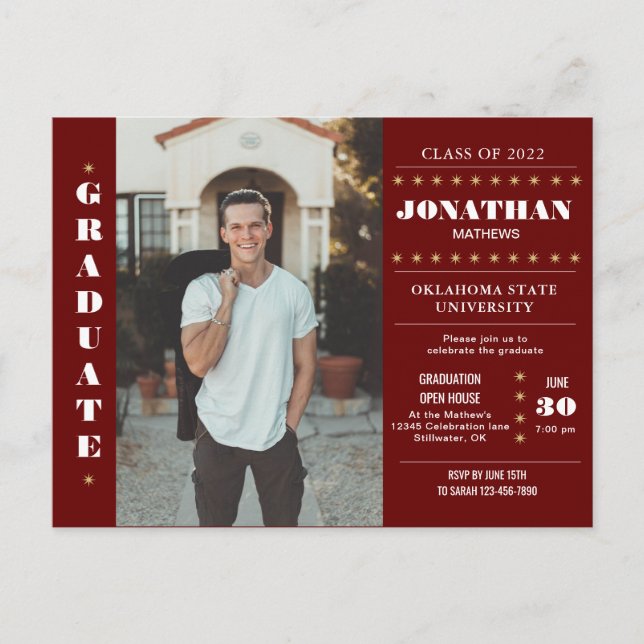 Rustic Country Burgundy Red Gold Photo Graduation Postcard (Front)