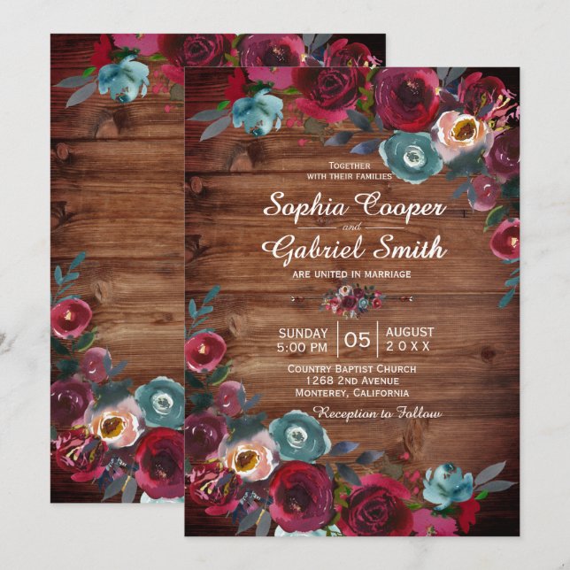 Rustic Country Burgundy Red Navy Floral Wedding Invitation (Front/Back)