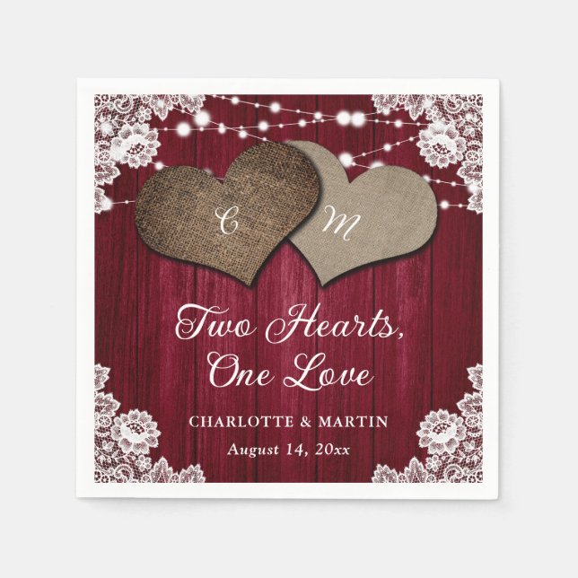 Rustic Country Burgundy Wood Burlap Lace Wedding Napkin (Front)