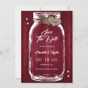 Rustic Country Burgundy Wood Mason Jar Wedding Save The Date